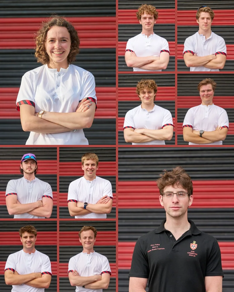 A collection of rowing club headshots against a red and black boathouse door