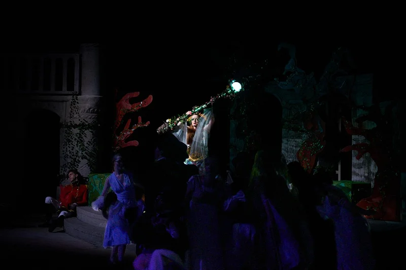A performer lifting a flower-covered staff above the cast during a night performance of Iolanthe